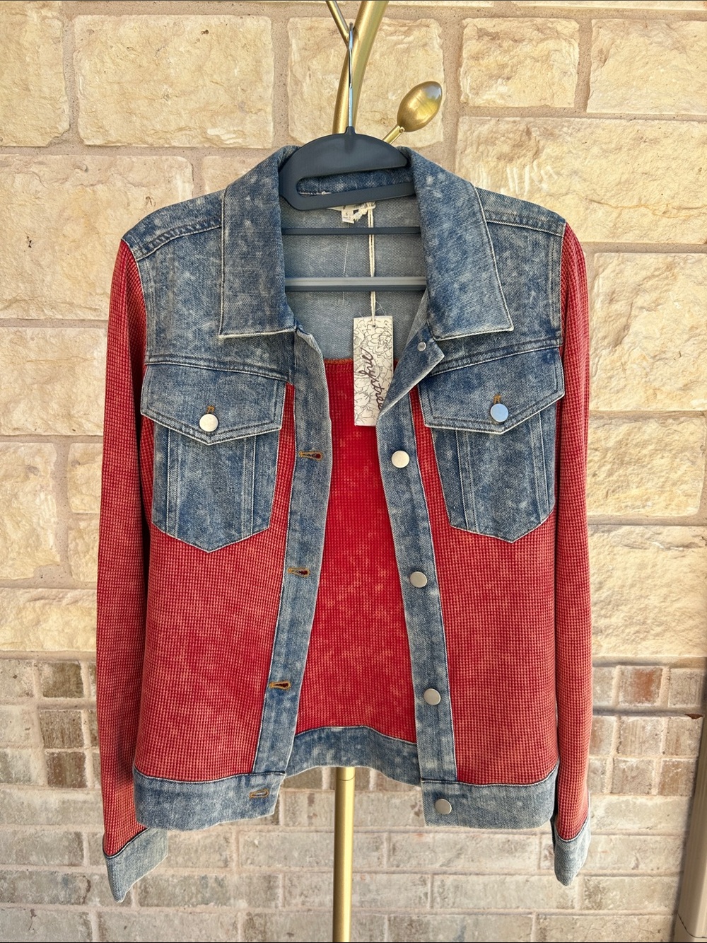 🇺🇸 Mystree Mixed Media Acid Wash Waffle Knit Denim Jacket Size: S